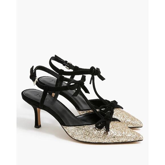 J.Crew Factory Glitter Double-bow Heels Gold Black Suede 9.5 Party Event Glam - Picture 1 of 14